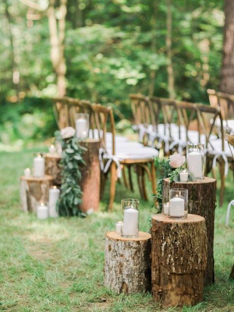 23 Layers | Event Planning NYC - New England Wedding Logs At Wedding Tree Stumps, Simple Small Wedding Decorations, Wedding Ideas In Forest, Small Wedding Ideas Western, Woodland Wedding Aisle, Wedding Decor Aisle Outdoor, Stumps Wedding Decor, Simple Wedding In The Woods, Tree Trunk Wedding Decor