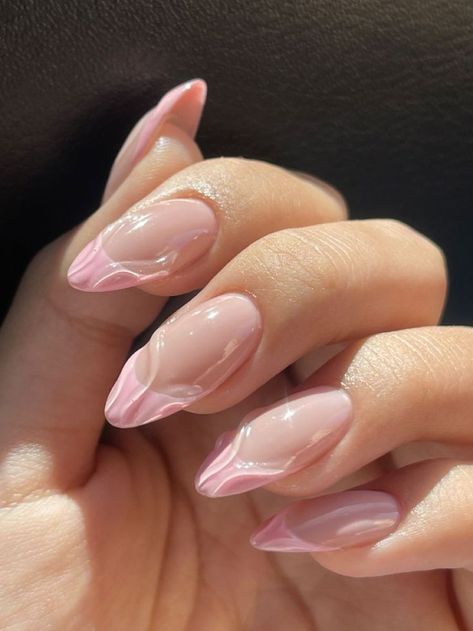 Korean Nails Short Jelly, Simple 3d Nail Designs, Simple 3d Nails, French Tip Nails With Design For Fall, Short French Nails Almond, 3d French Tip Nails, Nails 2024 Short, 3d Jelly Nails, Korean Summer Nails