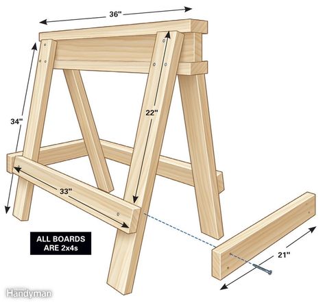 Go get two 12-ft. 2x4s and one 10-ft. 2x4. Using 16d nails or 3-in. screws, assemble the three boards that make up the I-beam. Attach the legs, using a framing square to square the legs to the beam. Attach the rails last. Woodworking Jigs, Sawhorse Plans, Saw Horse Diy, Hemma Diy, Into The Wood, Diy Holz, Wood Plans, Woodworking Bench, Into The Woods