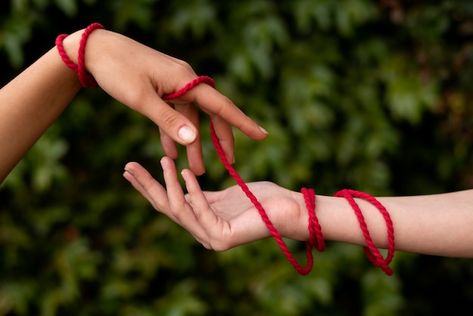 Hands With Strings, Hands Touching Reference, Red Line Aesthetic, Red Thread Aesthetic, Hands Interacting, Hand Reaching Out, Connected Photography, Entwined Hands, Dynamic Hands