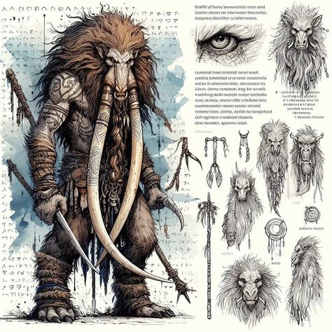 Page 73 - 76: "Where Strength Reigns Absolute" #aiart #aiartwork #aiartcommunity #aisketch #aiconceptart #fantasy #fantasycreature #fantasyart #fantasyrace #fieldguide #beastiary #barbarian #strength #warrior #gargantuan Fantasy Races Ideas, Beastman Fantasy Art, Fantasy Race Concept Art, Humanoid Fantasy Races, Ice Character Design, Beast Barbarian, Fantasy Races Concept, Dnd Barbarian, Mystical Creatures Mythology