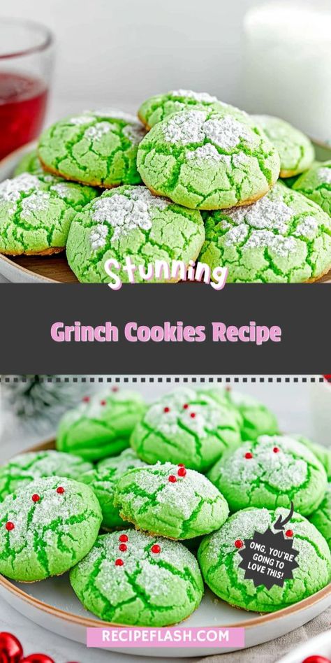 Searching for a unique holiday dessert that will delight kids and adults alike? These Grinch Cookies are not only delicious but also a whimsical addition to your Christmas Desserts. Save this recipe for a sweet surprise at your next festive gathering! Grinch Cookies Recipe, Green Cookies, Grinch Cake, Grinch Cookies, Holiday Baking List, Cinnamon Candy, Holiday Cookie Exchange, Snowball Cookies, Food Cookies