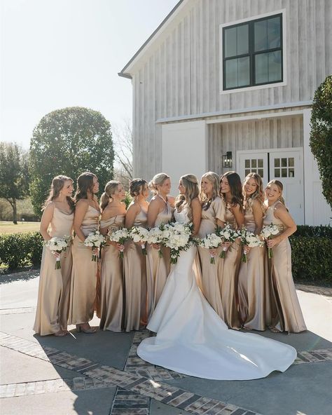 Champagne Metallic Bridesmaid Dresses, Brides Maids Dresses Cream, Champane Bridesmaid Dresses, Wedding Colors Gold Champagne, Beige Satin Bridesmaid Dress, Beige And Gold Bridesmaid Dresses, Wedding Dress And Bridesmaid Dress, Tan Wedding Bridesmaid Dresses, Gold Bridal Party Dresses