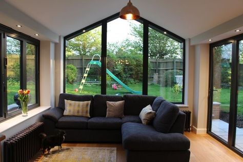 Double Pitched Roof Extension, Solid Roof Conservatory, Garden With Conservatory, Gable End Conservatory, Gable Conservatory, Gable End Extension, Conservatory Renovation, Conservatory Kitchen Ideas, Gable End Windows