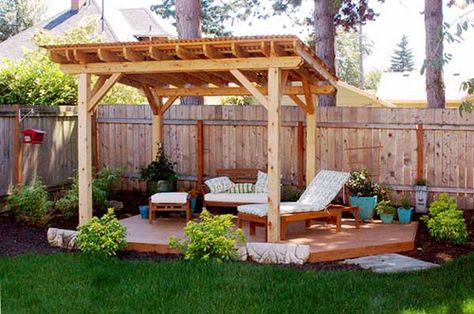 Full design plan, custom pavilion (untreated), natural stone patio and walkways, plant installation. More images below. Wooden Gazebo, Outdoor Shelters, Backyard Garden Landscape, Hanging Bed, Wooden Pergola, Backyard Pergola, Pergola With Roof, Have Inspiration, Pergola Plans