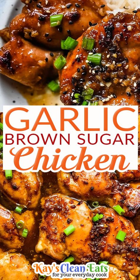 A new favorite in the Carrera household and I am positive this Garlic Brown Sugar Chicken will be a favorite in your house too! Made with simple ingredients and very minimal active cooking. This chicken is best served with some rice and tons of sauce. There is nothing I love more than a hot meal on a cold day. The fall season is finally starting to creep in and the weather is cooling off. Now I do love all the freshness of summer mills and BBQ’s but .. | @kayscleaneats Garlic Brown Sugar Chicken, I Am Positive, Brown Sugar Chicken, Brown Sugar Recipes, Chicken And Brown Rice, Garlic Chicken Recipes, Sauce For Chicken, Chicken Dishes Recipes, Hot Meals