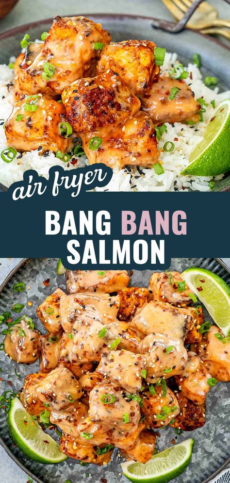 Looking for a flavorful and easy salmon recipe? Try this Bang Bang Salmon! Crispy salmon bites in a tangy, spicy sauce that's perfect for any meal. #BangBangSalmon #SalmonRecipe #EasyDinner #AirFryerRecipes #AsianInspired #QuickMeals #SeafoodLovers Weekly Easy Dinner Ideas, Salmon With Fried Rice, Easy Delicious Salmon Recipes, Chopped Salmon Recipes, Easy Meals With Salmon, Dinner Salmon Ideas, Salmon With Yum Yum Sauce, Yum Yum Salmon, Salmon Recipes Crispy