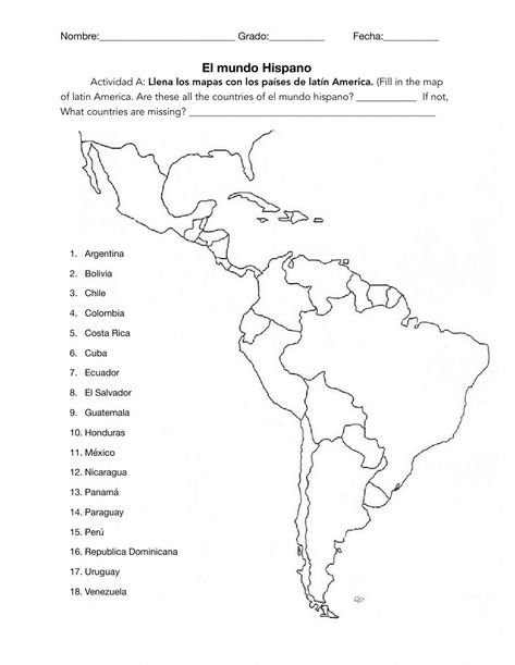 Spanish Speaking Countries Activities, Spanish Speaking Countries Map, Latin America Map, Preterite Spanish, Lapbook Ideas, Teacher Portfolio, South America Map, Map Worksheets, States And Capitals