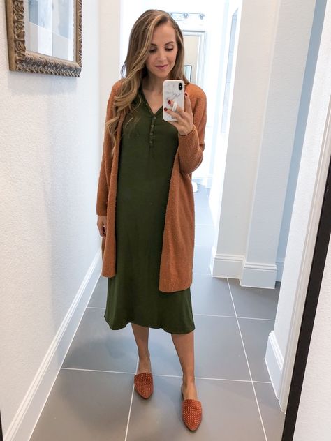 Merrick White Anywhere Dress and Cozy Camel Cardigan | merricksart.com Olive Green Dress Outfit Winter, Green Dress With Cardigan, Olive Green Dress Outfit, Olive Outfits, Green Dress Outfit, Merricks Art, Dresses For Fall, Neutral Sweaters, Olive Jacket