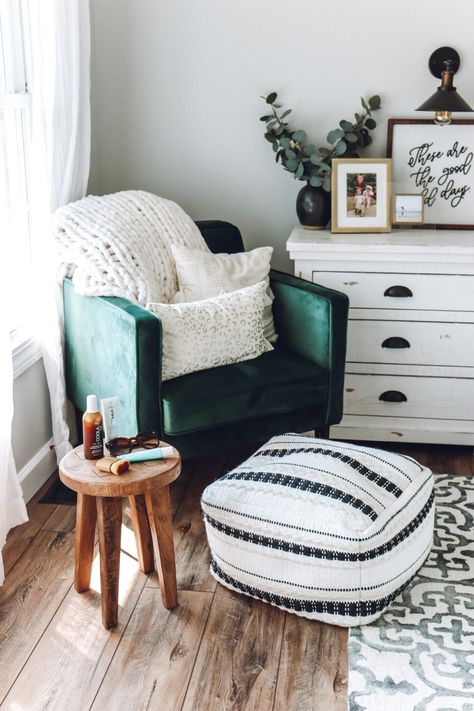 sunless tanner // home decorating ideas // emerald chair // velvet chair // green chair // sitting area ideas // chair ideas // boho home decor // boho farmhouse decor // boho chair Green Accent Chair, Apartment Stuff, Target Finds, Velvet Chair, Green Chair, Bedroom Chair, Cheap Decor, Cozy Corner, My New Room