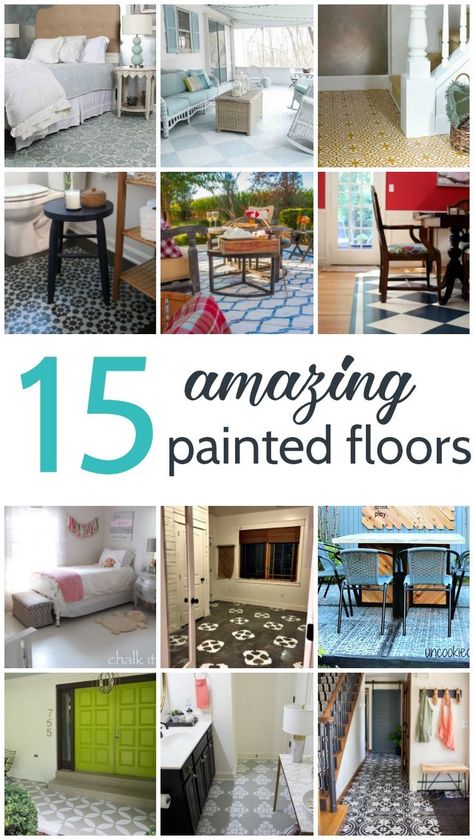 Beautiful painted floor ideas for every type of flooring: plywood, hardwoods, concrete, vinyl, tile, etc. Inspiration plus tutorials Painted Old Hardwood Floors, Old Wood Floors Ideas, Paint Hardwood Floors, Painted Floor Ideas, Lantai Vinil, Painted Plywood Floors, Painted Hardwood Floors, Diy Painted Floors, Painted Vinyl Floors