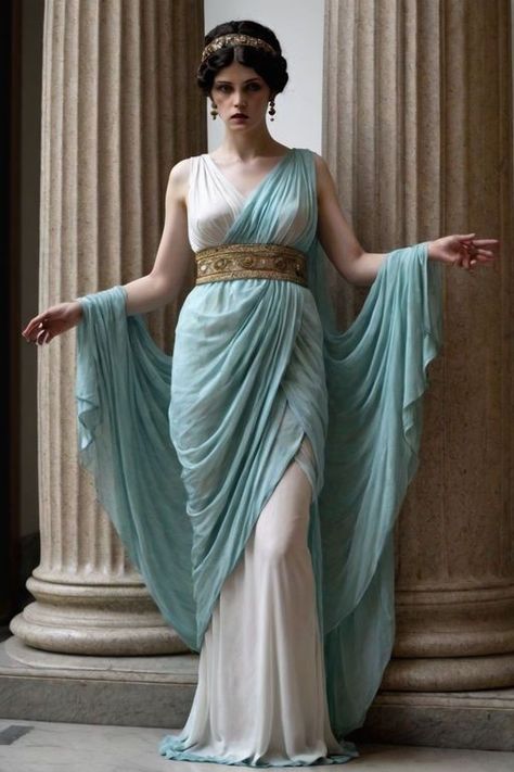 Greece Women Outfit, Greek Robes Female, Greek Ancient Clothing, Greek Mythology Outfits, Ancient Rome Fashion, Roman Goddess Costume, Ancient Greek Dress, Ancient Greece Fashion, Ancient Roman Clothing