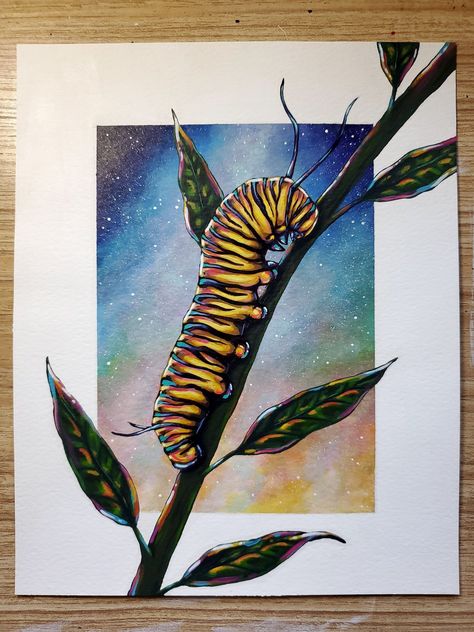 Colorful Monarch Caterpillar on Milkweed ORIG Painting Butterflies Acrylic, Caterpillar Sketch, Caterpillar Painting, Insect Painting, Watercolor Scenes, Monarch Butterflies Art, Caterpillar Art, Watercolor Negative Painting, Monarch Caterpillar