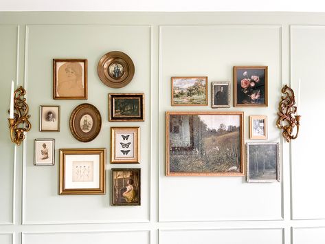 Mixing old family pictures with new prints found on Etsy was a great way to accent this wall in our guest room. Found frames fromna thrift store and used rub n buff to bring them back to life! Picture Frame Accent Wall Ideas, Gallery Wall Old Frames, Picture Frame Wall Collage Bedroom, Thrifted Photo Frame Wall, Mixed Gold Frame Gallery Wall, Gold Frame Gallery Wall Dining Room, Mixing Pictures And Art On Wall, Wall Collage Frames Ideas, Gold Framed Wall Art Living Rooms