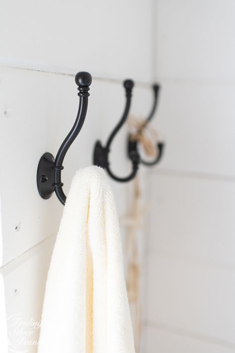 Classic and modern hooks for towels - pool house | Finding Silver Pennies #poolhouseinspiration #summerinspiration #coastal #shiplap Hooks For Towels In Bathroom, Coastal Pool House, Coastal Pool, White Painted Floors, Hand Towel Hook, Target Mirrors, Bathroom Wall Hooks, Hooks For Towels, Towel Hangers For Bathroom