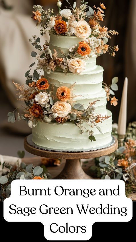 A cake with frosting spread between each layer of wedding cake decorated with sage green buttercream and burnt orange sugar flowers for a rustic and elegant touch. Sage Autumn Wedding, Wedding Colors Green Orange, Rustic Green Wedding Cake, Orange And Green Summer Wedding, Emerald Green Elopement, Simple Green Wedding Cake, Sage Green And Light Terracotta Wedding, Sage Green Autumn Wedding, Autumn Colors Wedding