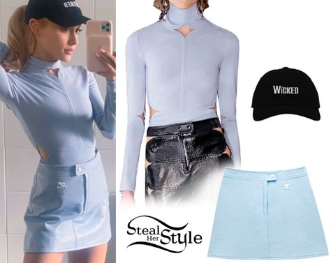 Ariana Grande's Clothes & Outfits | Steal Her Style Ariana Grande Blue, American Apparel Tennis Skirt, Vinyl Mini Skirt, Bodysuit And Skirt, Ariana Grande Outfits, Steal Her Style, Famous Outfits, Ariana Grande Style, Blue Bodysuit