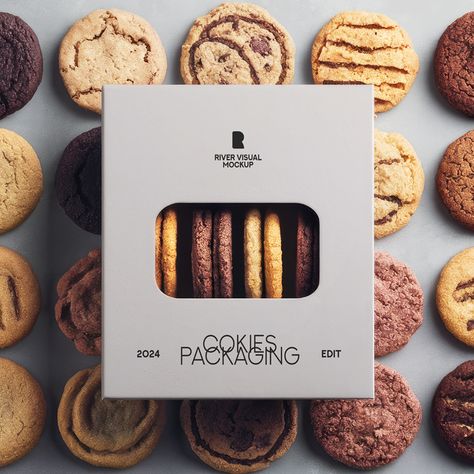 Free Cookies Packaging Mockup PSD Cookies Branding Packaging, Cookies Packaging Ideas Creative, Packaging Mockup Free Psd, Cookie Packaging Design, Cookie Photoshoot, Cookie Box Packaging, Bakery Mockup, Dessert Boxes Packaging, Premium Cookies