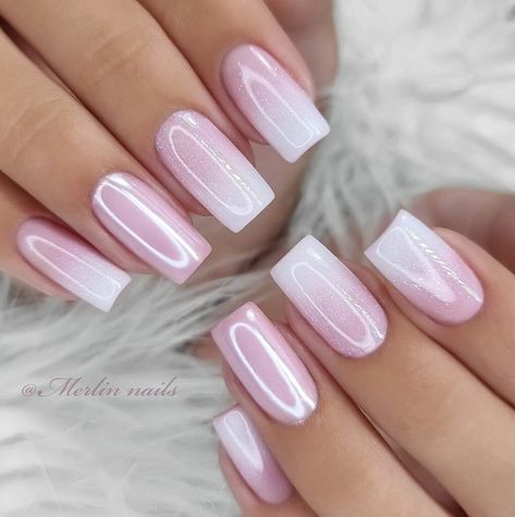 Pink Nails With Silver Design, Ombre Chrome Nails, Pink Wedding Nails, Pink Chrome Nails, Square Nail, Chrome Nails Designs, Light Pink Nails, Pink Ombre Nails, Ombre Nail