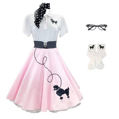 PRICES MAY VARY. Our 7-Piece 50’s Vintage Costume Set: Comes with a women’s poodle skirt, a chiffon scarf, a polo shirt with a poodle applique, a crinoline petticoat, an elastic cinch belt, a set of white socks with our poodle applique on the cuffs, and cateye glasses Perfect For Sock Hops & Decade Dances: Whether you’re going to a sock hop, decades dance, or 50s-themed party, you’ll fit right in with this vintage-inspired costume. Get ready to twist and shout and rock ‘n’ roll in your complete Poodle Skirts 1950, 1950 Halloween Costumes, 50s Costume Ideas, Mikayla Core, Decades Dance, Poodle Skirt 50s, 1950s Poodle Skirt, Poodle Applique, Poodle Skirt Outfit