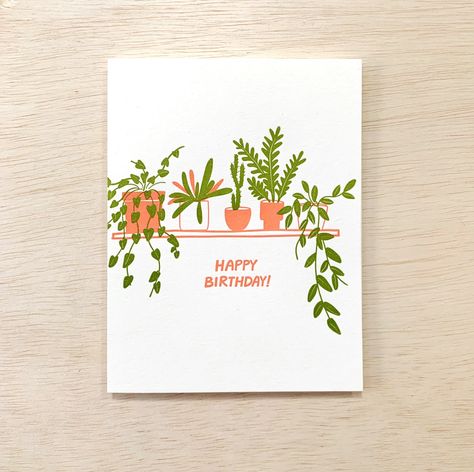 "Happy Birthday!" The perfect birthday card for the plant lover in your life. Or anyone who likes a nice plant shelfie. Plant Happy Birthday, Plant Card Design, Plant Pun Cards, Plant Greeting Card, Minimal Birthday Cards, Plant Birthday Card, Plant Shelfie, Plant Cards, Handwritten Cards