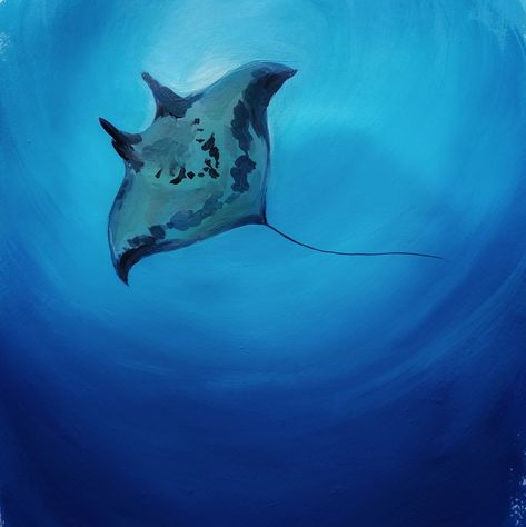 Painting Ideas Marine Life, Monochromatic Animal Painting, Blue Canvas Ideas, Ship Painting Acrylic Easy, Marine Animal Painting, Sting Ray Painting Acrylic, Stingray Painting Acrylic, Manta Ray Painting Acrylic, Ocean Creatures Painting