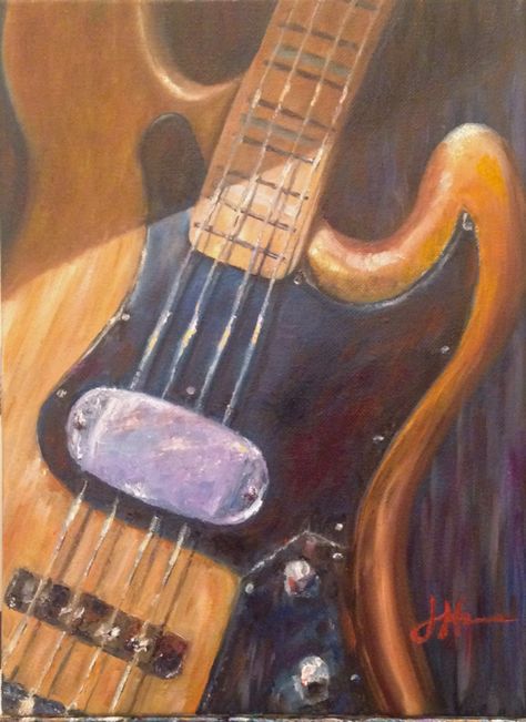 Painted this for my Brother the Bass Player and his 60th birthday.  10x14 oil on canvas. Music In Art Gcse, Painting Bass Guitar, Bass Guitar Painting, Guitar Oil Painting, Electric Guitar Painting, Instrument Painting, Bass Guitar Art, Music Art Painting, Expressive Drawing