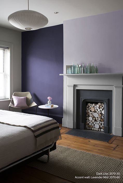 Perfectly Purple Bedroom!  Wall Color: Dark Lilac  -  Accent Wall Color: Lavender Mist Lavender Bedroom, Lavender Room, Bedroom Purple, Accent Wall Colors, Purple Bedrooms, Purple Bedroom, Purple Interior, Purple Rooms, Bedroom Wall Colors