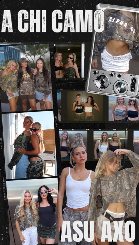 Camp Bid Day Theme Outfit, Army Sorority Theme, Camp Spirit Week Ideas, Camo Work Week Sorority, Camo Sorority Theme, Camo Party Outfit, Camo Theme Outfit, Camp Bid Day Theme, Recruitment Decorations