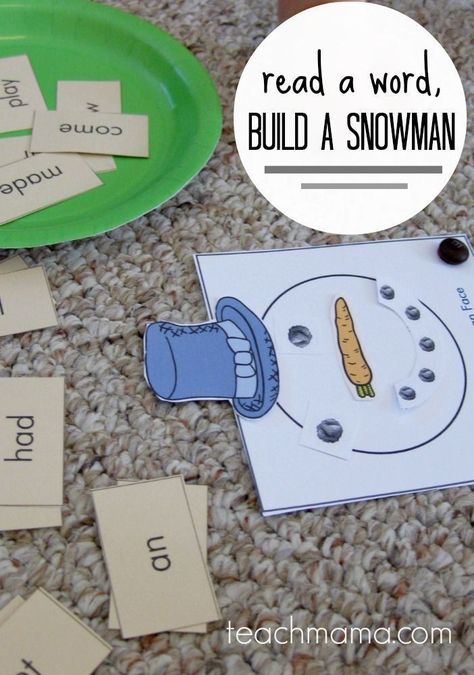 This early literacy game is so much FUN for kids! Read a word then build a snowman with this FREE printable! It's a fun reading activity for kids that makes them want to read! #literacy #reading #learning #freeprintable #games #teaching #elementary #words #kidsactivities #earlylearning #snowman Fun Reading Activities, Teaching Mama, Reading Activity, Literacy Games, Winter Kindergarten, Reading Games, Literacy Stations, Sight Word Activities, Read And Write