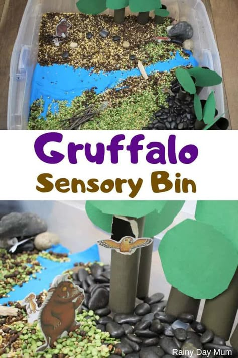 The Gruffalo inspired sensory bin for toddlers and preschoolers made with natural materials and downloadable finger puppets.    #thegruffalo #sensorybin #sensoryplay #sensorybox #sensorytray #rainydaymum World Book Day Sensory Play, Gruffalo Sensory Activities, Gruffalo Crafts For Toddlers, Gruffalo Sensory Play, The Gruffalo Activities Preschool, The Gruffalos Child Activities, Gruffalo Activities Preschool, Gruffalo Tuff Tray Ideas, Gruffalo Tuff Tray