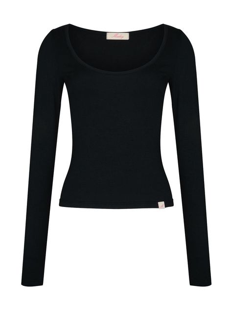 This Basic Long Sleeve T-shirt is a versatile wardrobe essential with a modern twist. It features a deep round neckline that makes your look stylish.- Bottom point label detail as a refined touch- Soft modal fabric for ultimate comfort- Appropriate length allowing for versatile looks Longs Sleeve Shirts, Solid Tops For Women, Form Fitting Long Sleeve Shirt, Long Sleeve Fitted Shirt, Black Fitted Long Sleeve Top Outfit, Cute Shirts Long Sleeve, Long Sleeve Basic Top, Tee Shirt With Long Sleeve Under, Cute Fitted Tops