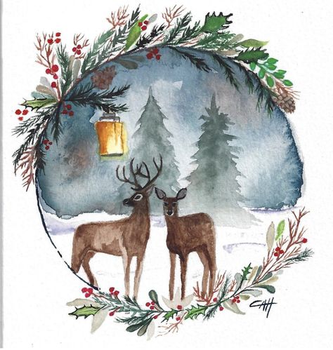 Christmas Watercolor Artwork, Watercolor Christmas Cards Artwork, Christmas Inspired Drawings, Ink Watercolor Illustration, Christmas Themed Watercolor Paintings, Watercolor Winter Animals, Watercolour Inspiration Christmas, Watercolour Painting Christmas, Christmas Cards Painted Watercolor