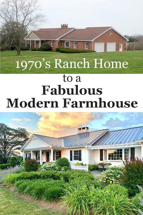 Discover how a dated red brick house was transformed into a stunning white-clad, modern farmhouse. Get inspired by this exterior home makeover, perfect for those seeking unique updating ideas. Click to see the amazing before and after pictures. Ranch Redo Before And After, Red Brick Ranch House, Brick Ranch House Exterior, Brick Ranch Exterior Makeover, Brick Ranch Remodel, Red Brick Ranch, Ranch Exterior Makeover, Brick Ranch Exterior, Brick House Exterior Makeover