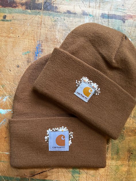 Cathartic Hat Embroidered, Beanie Hand Embroidery, Diy Embroidered Beanie, Embroidered Carhartt Beanie Flowers, Embroider Beanie Diy, Carhartt Embroidery Diy, Beanie Embroidery Diy, How To Embroider A Beanie, Cool Things To Embroider