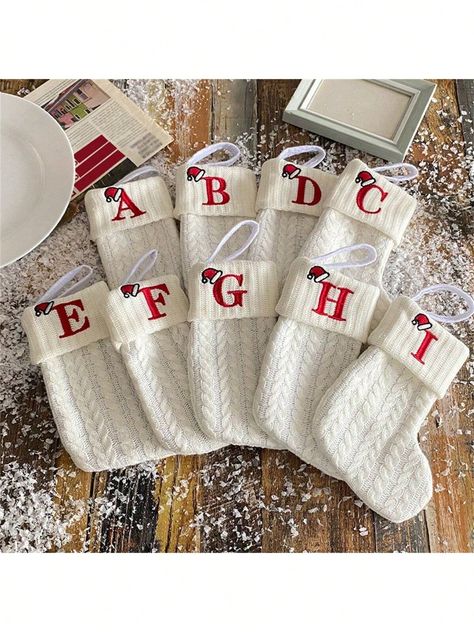 Knit Monogram Christmas Stockings,Christmas Stockings Small Xmas English Letters Hanging Stockings Christmas Socks Double Sided Fireplace Hanging Stockings For Christmas Party Decoration New Year Party Gift Favors Supplies,Personalized Initial Christmas Stocking, Family Holiday Xmas Party Decor White    Polyester     Home Decor, size features are:Bust: ,Length: ,Sleeve Length: Monogram Christmas Stocking, Festive Party Decorations, Christmas Socks Gift, Cute Christmas Stockings, Mini Christmas Stockings, Decorated Gift Bags, Christmas Stocking Gifts, Embroidered Initials, Hanging Stockings