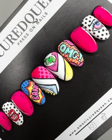 more in telegram Comic Nail Art, Comic Book Nails, Maroon Nail Art, Book Nail Art, Maroon Nail, Silhouette Nails, Graffiti Nails, Pop Art Nails, Boho Nails