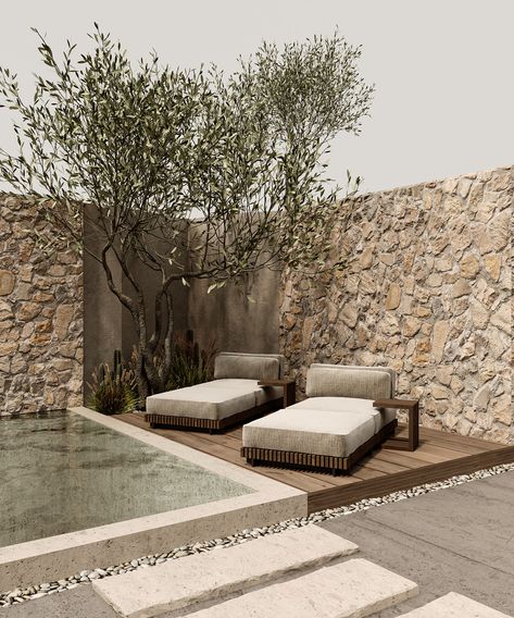 T . E . R . R . A on Behance Building A Pool, Interior Modern, Olive Tree, Dream House Decor, Backyard Pool, Outdoor Design, Pool House, House Inspo, Stone Wall