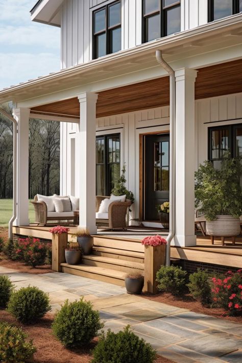 40 Farmhouse Porch Columns To Achieve a Rustic Entryway! Farmhouse Front Porch Post Ideas, Wood Steps Front Porch, Cedar Poles On Porch, Front Porch Posts Columns Farmhouse, Front Porch No Railing, Front Porch Posts Columns, Farmhouse Porch Columns, Porch Columns Makeover, Porch Column Ideas