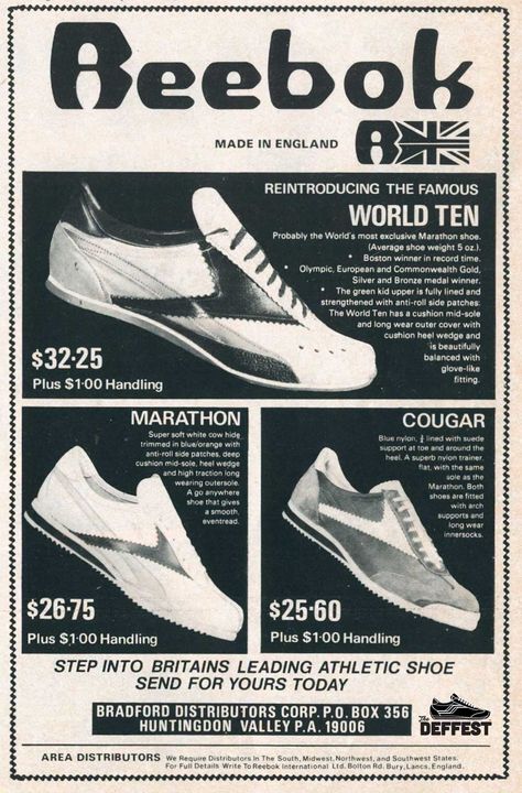 Reebok 1977 World Ten Marathon and Cougar vintage sneaker ad @ The Deffest Sneaker Ads, Running Posters, Reebok Sneaker, Shoes Inspiration, Sneaker Posters, Mizuno Shoes, Retro Future, Shoes Ads, Vintage Shoe