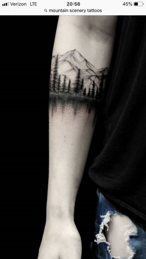 Moutain Tattoos, Natur Tattoo Arm, Lake Tattoo, Forest Tattoo, Tatuagem Masculina Pequena, Nature Tattoo Sleeve, Tree Tattoos, Forearm Band Tattoos, Cool Wrist Tattoos