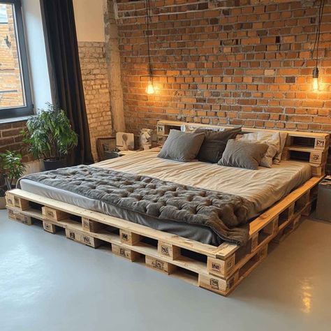 Pallet Bed Frame Wooden Bed Frame Diy, Pallet Bed Frame, Live Edge Design, Pallet Bed, Wooden Bed Frames, Wooden Bed, Rustic Diy, Wooden Diy, Reclaimed Wood