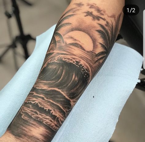 Half Sleeve Beach Tattoo For Men, Men’s Tropical Tattoo, Ocean Sleeve Tattoos For Guys, Wave Tattoo Men, Beach Sleeve Tattoo, Rhys Tattoo, Beach Scene Tattoo, Wave Tattoo Sleeve, Ocean Wave Tattoo