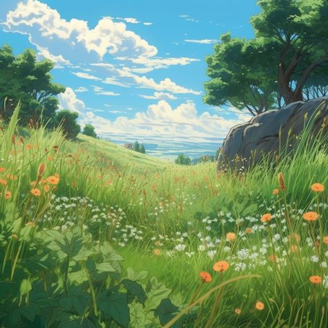 Ghibli Meadow, Studio Ghibli Grass Field, Grassy Field Drawing, Grass Field Illustration, Grassy Field Painting, Fantasy Field Landscape, How To Draw Grass Digital, Grass Landscape Painting, Studio Ghibli Field