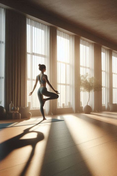 Step into serenity with this AI-generated image of a peaceful yoga studio. Soft lighting and large windows create a calming atmosphere, casting gentle shadows on a woman in a graceful yoga pose. Perfect for those seeking relaxation and mindfulness in a minimalist setting. Candlelit Yoga Aesthetic, Yoga Studio Pictures, Yoga Aesthetic Studio, Yoga Studio Photoshoot, Yoga Studio Aesthetic, Yoga Photoshoot Ideas, Pilates Yoga Studio, Wall Yoga, Mental Balance