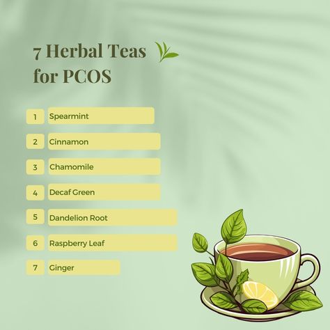 🌿Herbal Teas for PCOS Wellness🌿 If you're looking for a natural way to support your PCOS journey, these 7 herbal teas are packed with benefits: Spearmint Tea: Known to help lower testosterone levels, reducing unwanted hair growth and balancing hormones. Decaf Green Tea: Packed with antioxidants, it supports metabolism and helps improve insulin resistance. Cinnamon Tea: Helps regulate blood sugar levels and manage insulin sensitivity. Ginger Tea: Reduces inflammation and soothes digestion, m... Decaf Green Tea, Balancing Hormones, Spearmint Tea, Insulin Sensitivity, Workouts Gym, High Testosterone, Unwanted Hair Growth, Cinnamon Tea, Dandelion Root