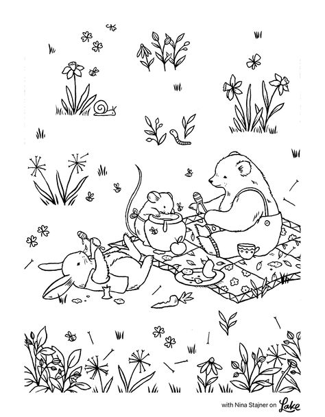 Cottage Core Coloring Pages, Cottagecore Coloring Pages, Cottage Coloring Pages, Digital Stamps Free, Spring Coloring Pages, Printable Coloring Book, Animal Coloring, Cute Doodles Drawings, Cool Coloring Pages