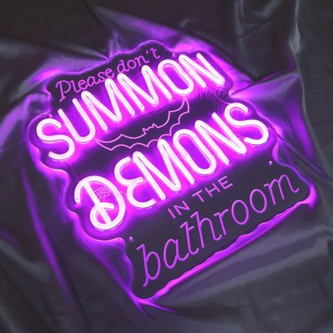 Please Don't Summon Demons in the Bathroom Neon Sign Spooky Sign Bathroom Signgothic Home Decor Gothic Decor Dark Art Decor Goth Lover - Etsy Spooky Bathroom Ideas, Horror Themed Bathroom, Goth Bathroom Ideas, Goth Apartment Decor, Grunge Bathroom, Bathroom Neon Sign, Goth Decor Diy, Horror Bathroom, Speakeasy Ideas