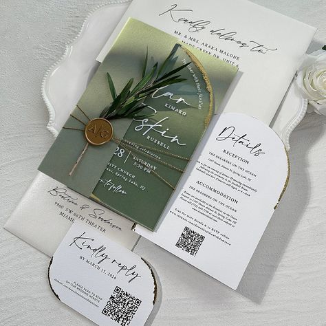 Sage Green Clear Arched Acrylic Wedding Invitations with Wax Seals 1, Item: Sage Green Clear Arched Acrylic Wedding Invitations with Wax Seals2, Invitation Size: 130 x 185mm, Details: 110 x 157mm, Rsvp: 110*75mm3. Hand-made gold foil decorated like pictures.4, Customized: Yes5, Botanical Multiple Choice as request Sage Green And Champagne Wedding Invitations, Black Gold And Sage Green Wedding, Rustic Elegant Wedding Invitations, Wedding Invites Green, Safe Green Wedding, Sage Green Themed Wedding, Sage Green Fall Wedding, Wedding Invitations Sage Green, Sage Invitation