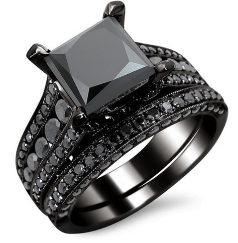 Clients frequently ask me if I can design them jewelry made in black gold. When I try to explain to them that black gold jewelry just isn’t a thing, they often send me advertisements from websites that offer it. Black Diamond Bridal Set, Black Gold Ring, Black Gold Jewelry, Black Diamond Engagement, Black Diamond Ring, Black Sapphire, Diamond Bridal Sets, Princess Diamond, Square Rings